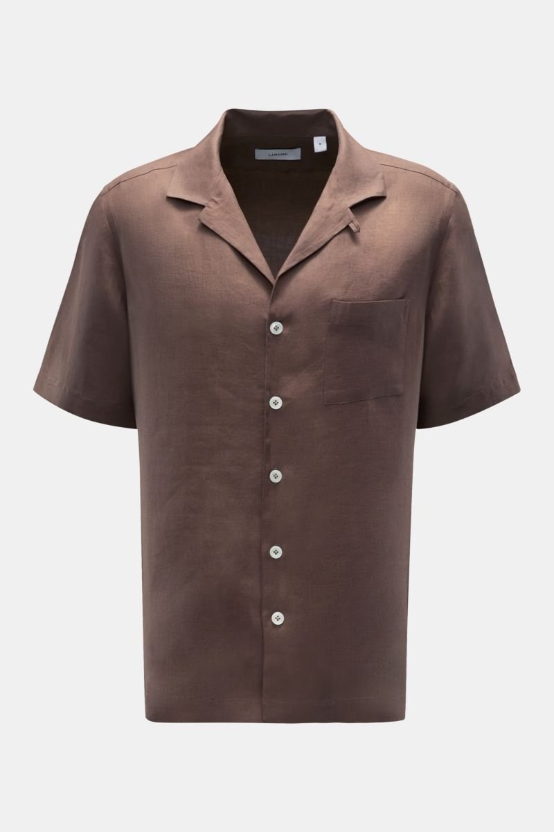 Linen short sleeve shirt Cuban collar brown