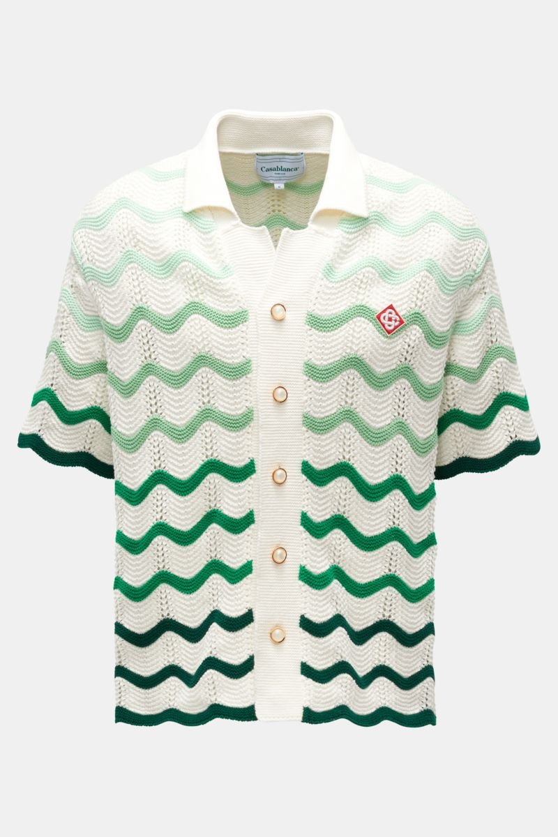 Short sleeve knit shirt 'Gradient Wave' Cuban collar white/green striped