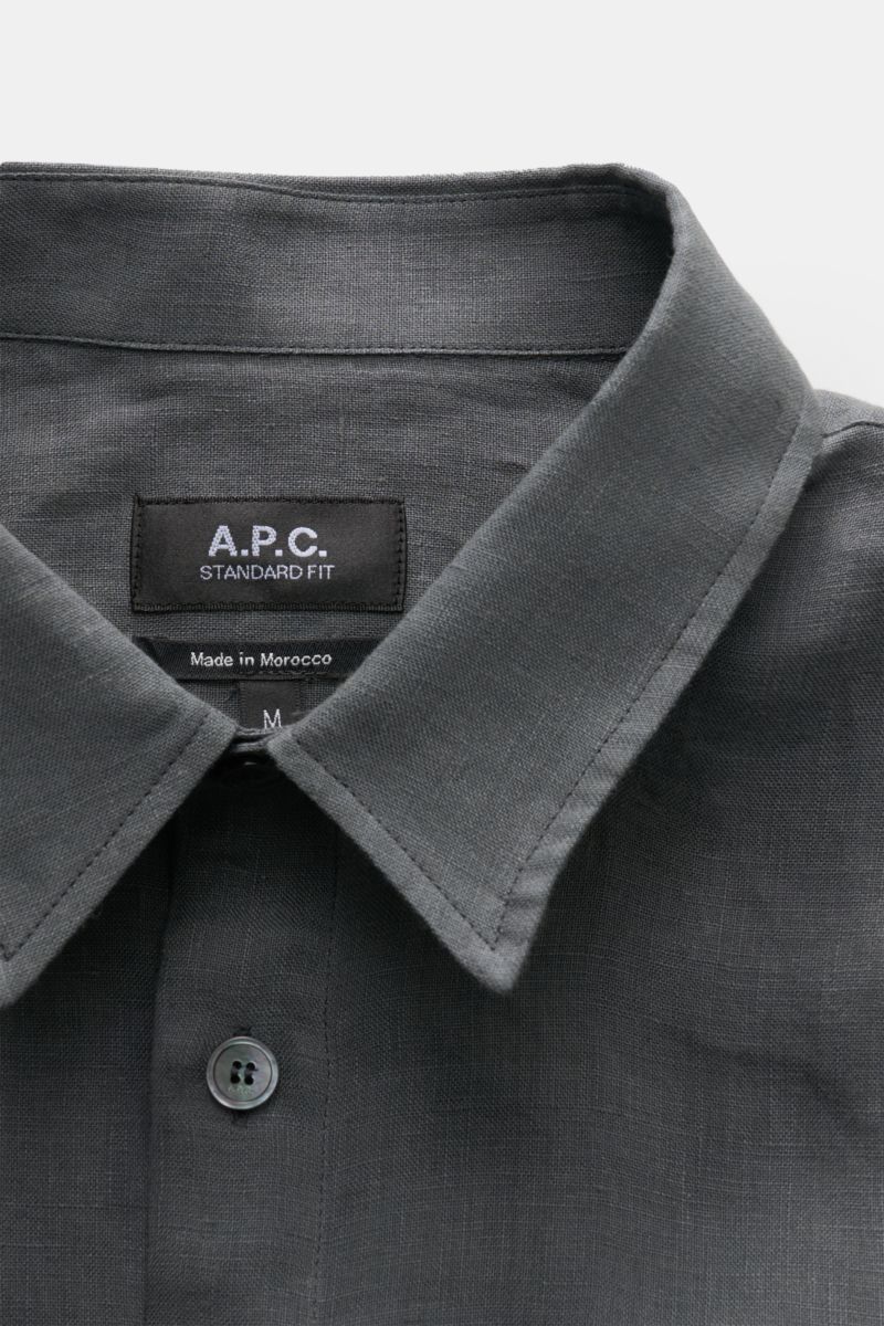 A.P.C. Linen short sleeve shirt 'Liaek' Kent collar dark grey