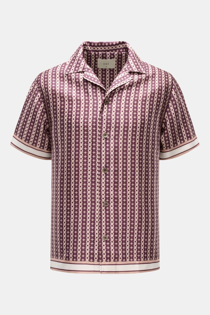 Ché Kurzarmhemd 'Pressoa' Kubanischer Kragen bordeaux/hellbraun gemustert, glatte Lyocell-Qualität, Oversized Fit, Frontalaufnahme.