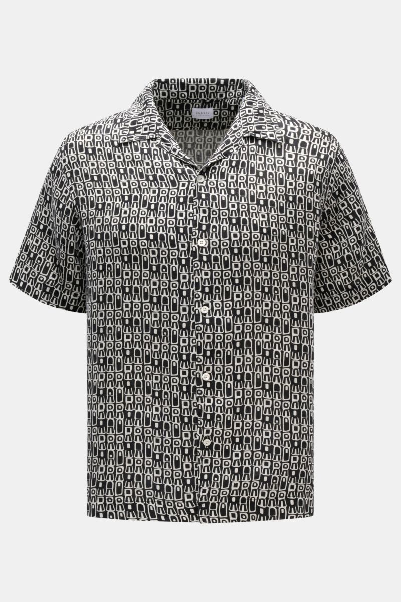 04651/ A trip in a bag Leinen-Kurzarmhemd Kubanischer Kragen schwarz/weiß gemustert