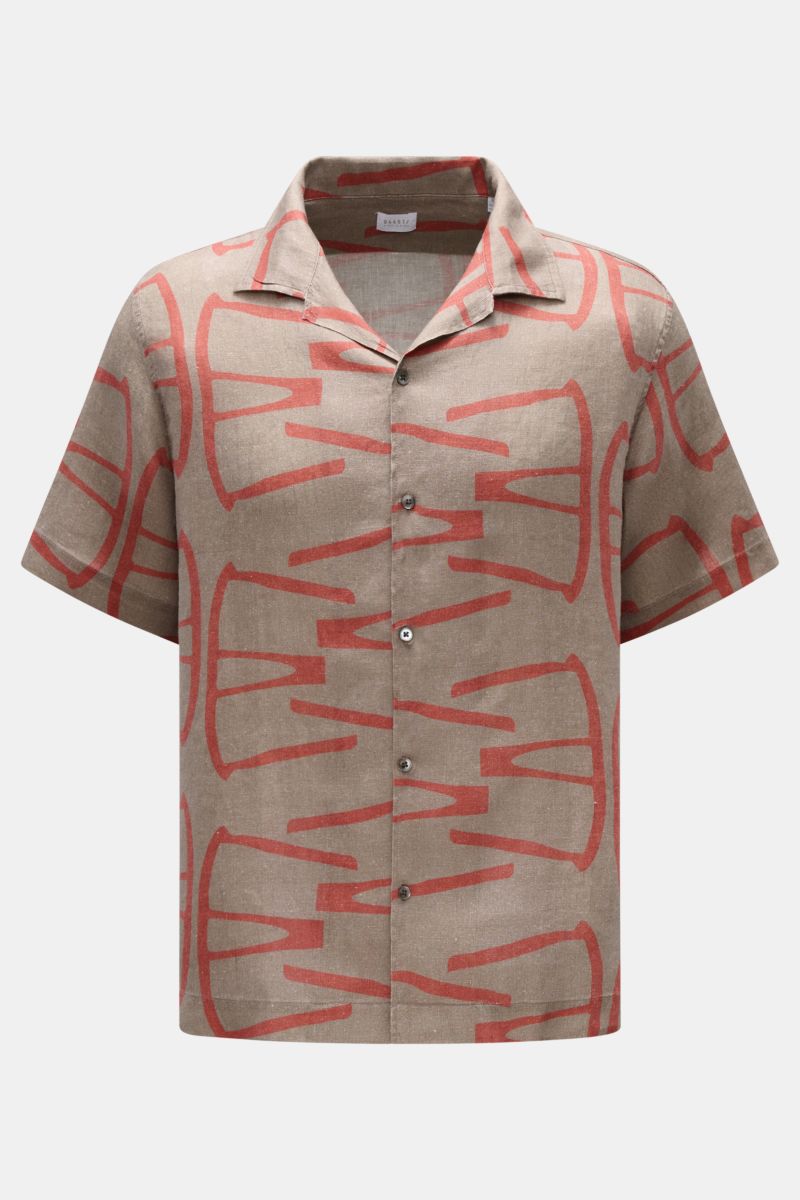 04651/ A trip in a bag Leinen-Kurzarmhemd Kubanischer Kragen taupe/rot gemustert