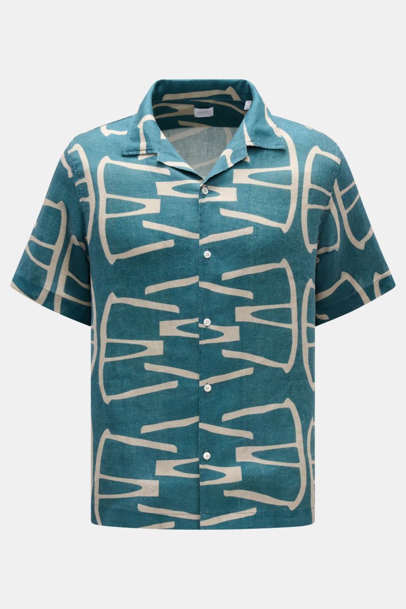 04651/ A trip in a bag Leinen-Kurzarmhemd Kubanischer Kragen graublau/taupe gemustert