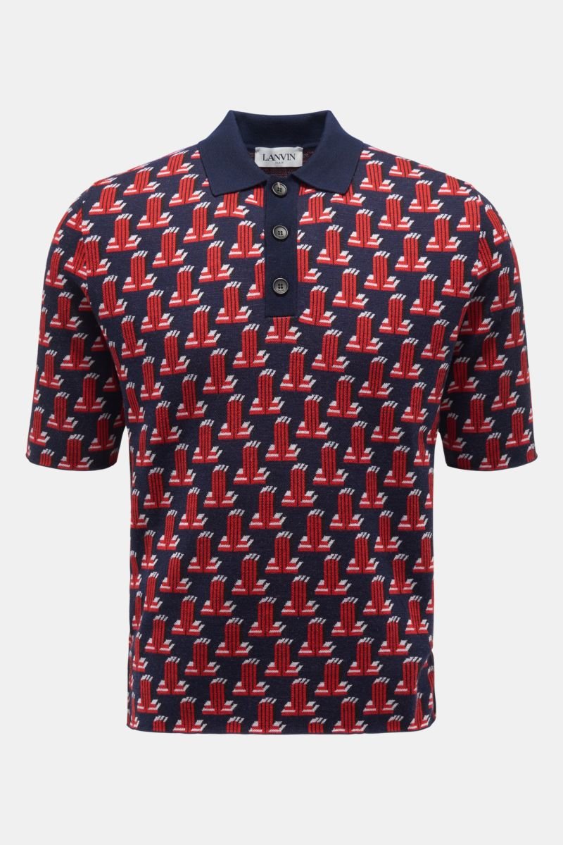 Merino short sleeve knit polo navy/red patterned