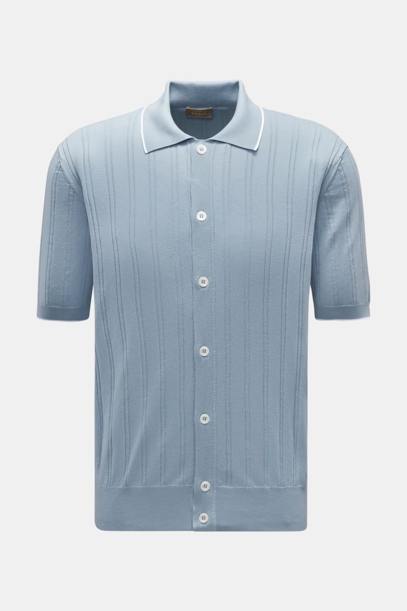 Short sleeve knit shirt narrow collar smoky blue