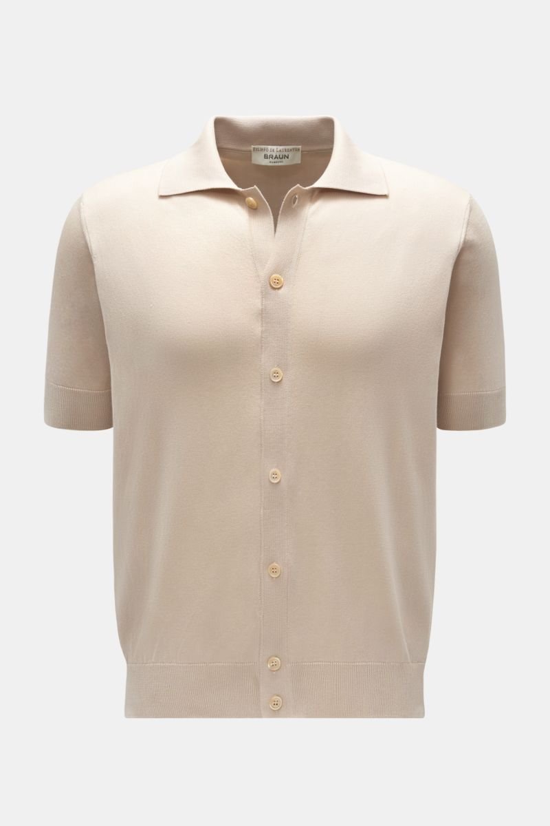 Short sleeve knit shirt narrow collar beige