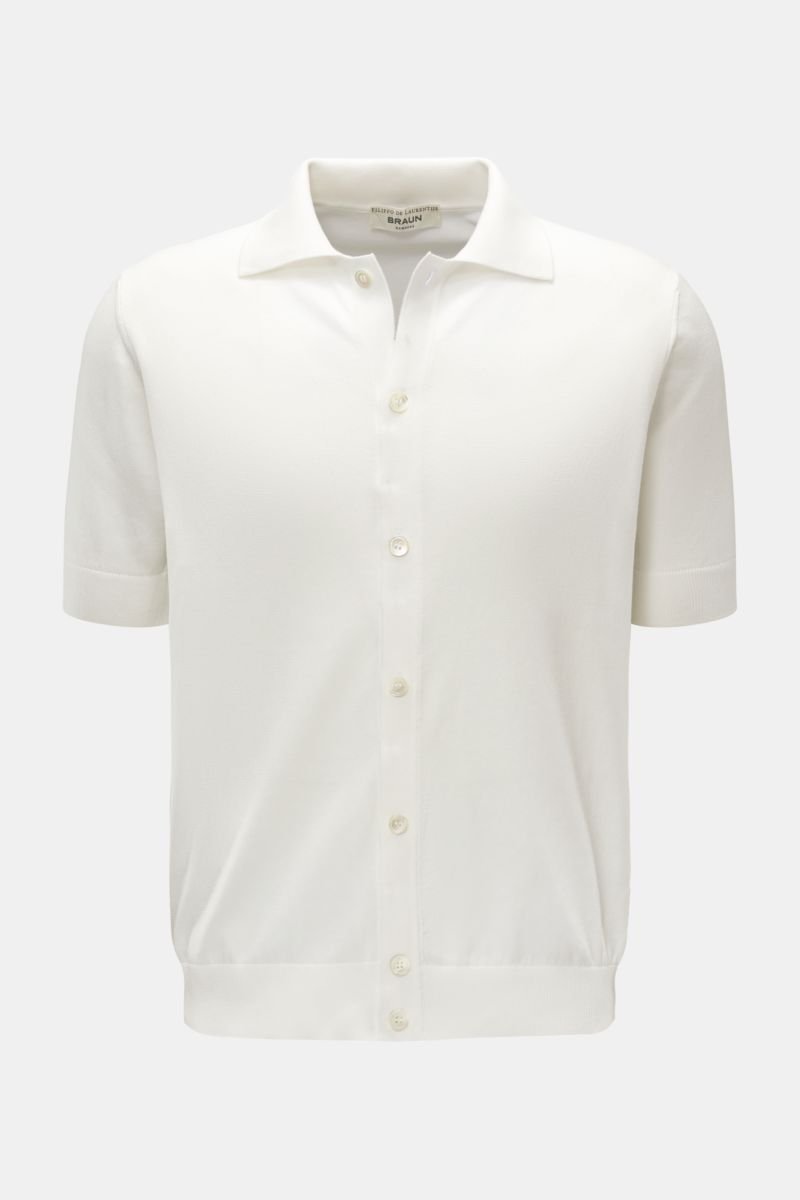 Short sleeve knit shirt narrow collar off-white