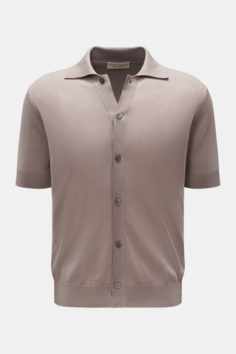 Short sleeve knit shirt narrow collar grey-brown