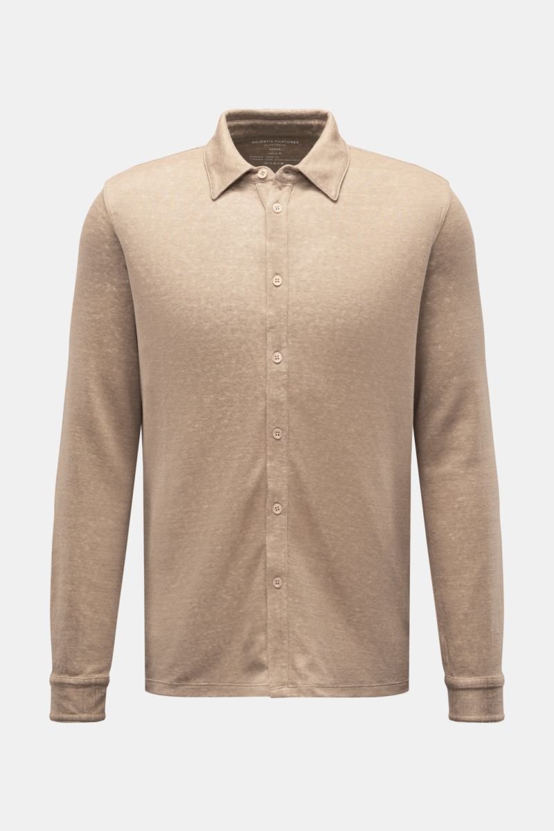 Linen jersey shirt narrow collar light brown