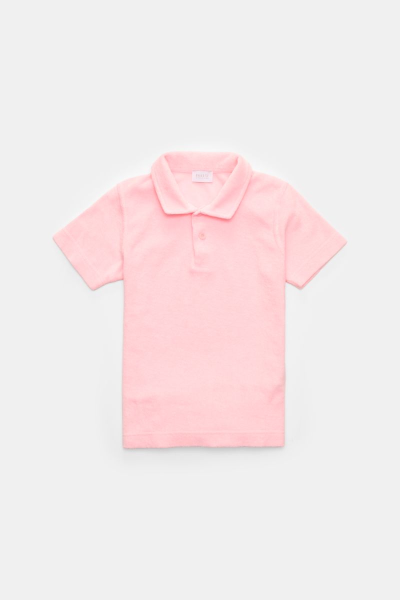 04651/ A trip in a bag Kinder Frottee-Poloshirt 'Kids Oyster Polo' rosé, Slim Fit, aus Bio-Baumwolle, Frontansicht, kurzer Arm, Polokragen.