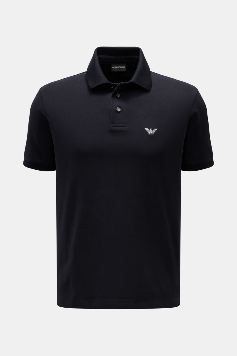 Emporio Armani Polo shirt navy shown from the front, a timeless, casual piqué jersey made of pure cotton with regular fit, classic collar, label stitching on the chest, and hem with side vents. A versatile classic for sporty looks: This polo shirt by EMPO