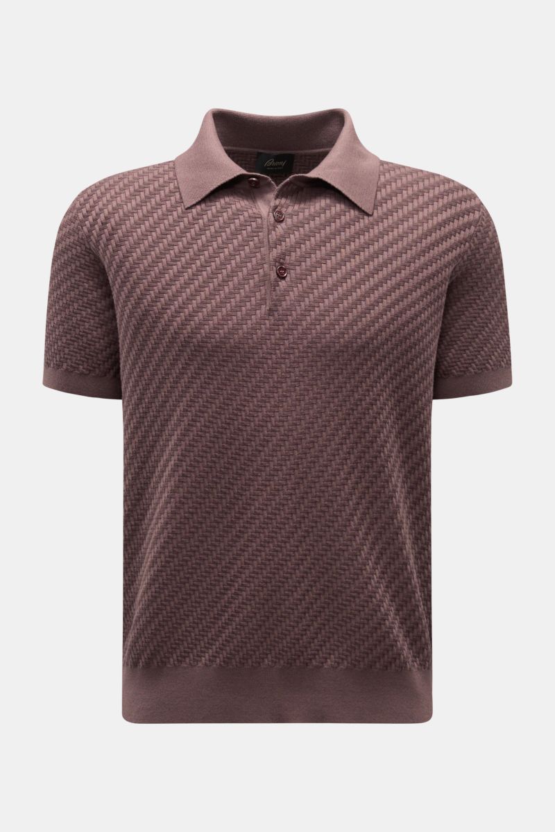 Brioni Kurzarm-Strickpolo dunkelbraun, frontale Nahaufnahme, Intreccio-Muster, Polokragen, Perlmuttknöpfe, Baumwolle, Seide, Cashmere Mix.