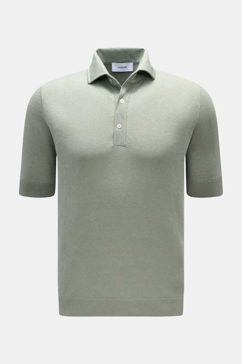 Front view of the Lardini Short sleeve knit polo sage in a fine, airy linen and cotton blend knit, slim fit with signature collar and three-button placket.