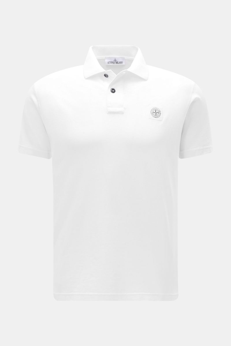 Stone Island Jersey-polo shirt white shown from the front, lightweight cotton jersey, slim fit, soft feel, two-button placket, fabric label.