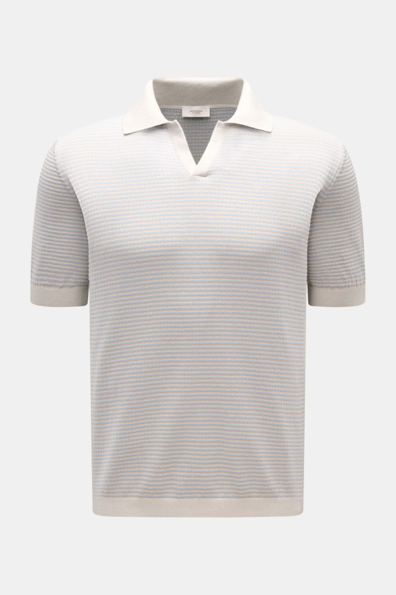 Agnona Kurzarm-Strickpolo hellgrau/beige/hellblau gestreift, frontale Nahaufnahme, Regular Fit, Strukturstrick mit Streifen, offener Polokragen.
