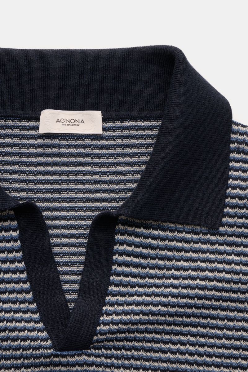 Agnona Kurzarm-Strickpolo navy/rauchblau/hellgrau gestreift, Nahaufnahme Kragen und offene Leiste, feines Strukturstrickmuster, Regular Fit, Baumwolle/Leinen/Seide.