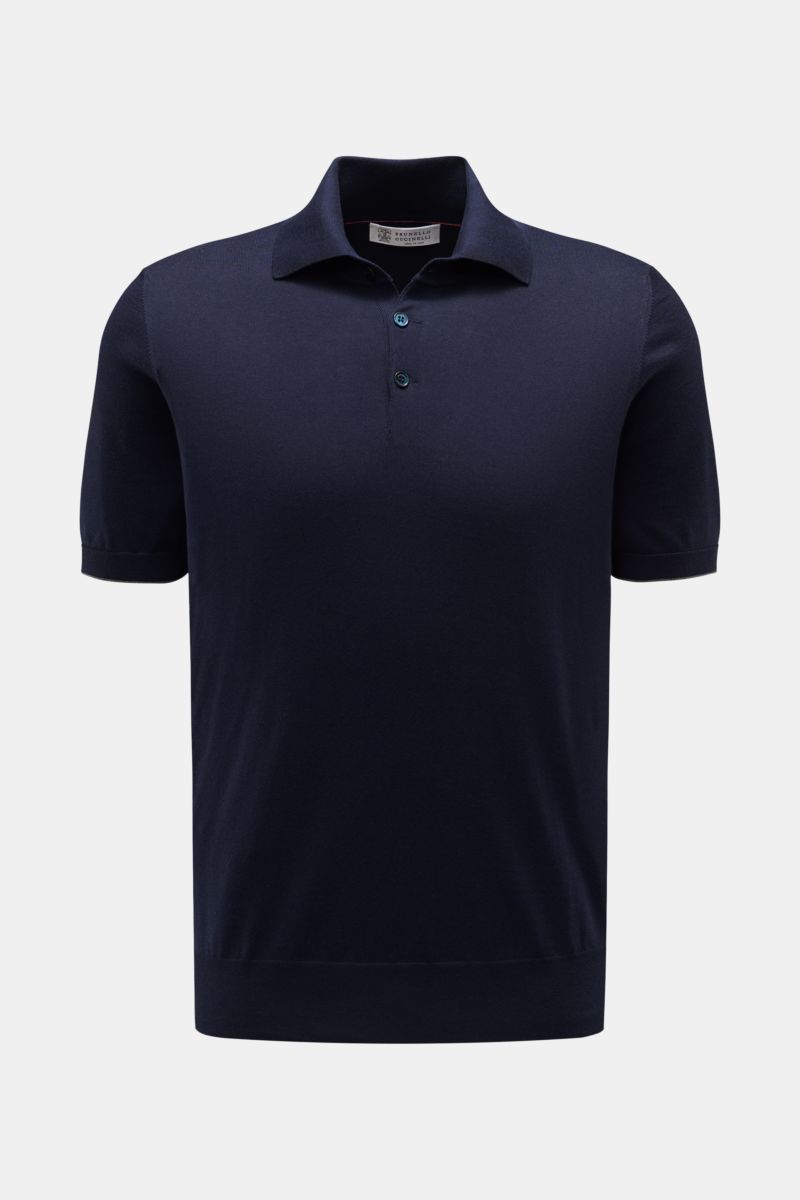 Front view of Brunello Cucinelli Short sleeve knit polo shirt navy in fine knit pure cotton with classic collar and three-button placket.

This timeless short-sleeved polo shirt from BRUNELLO CUCINELLI features a lightweight, fine knit fabric made from