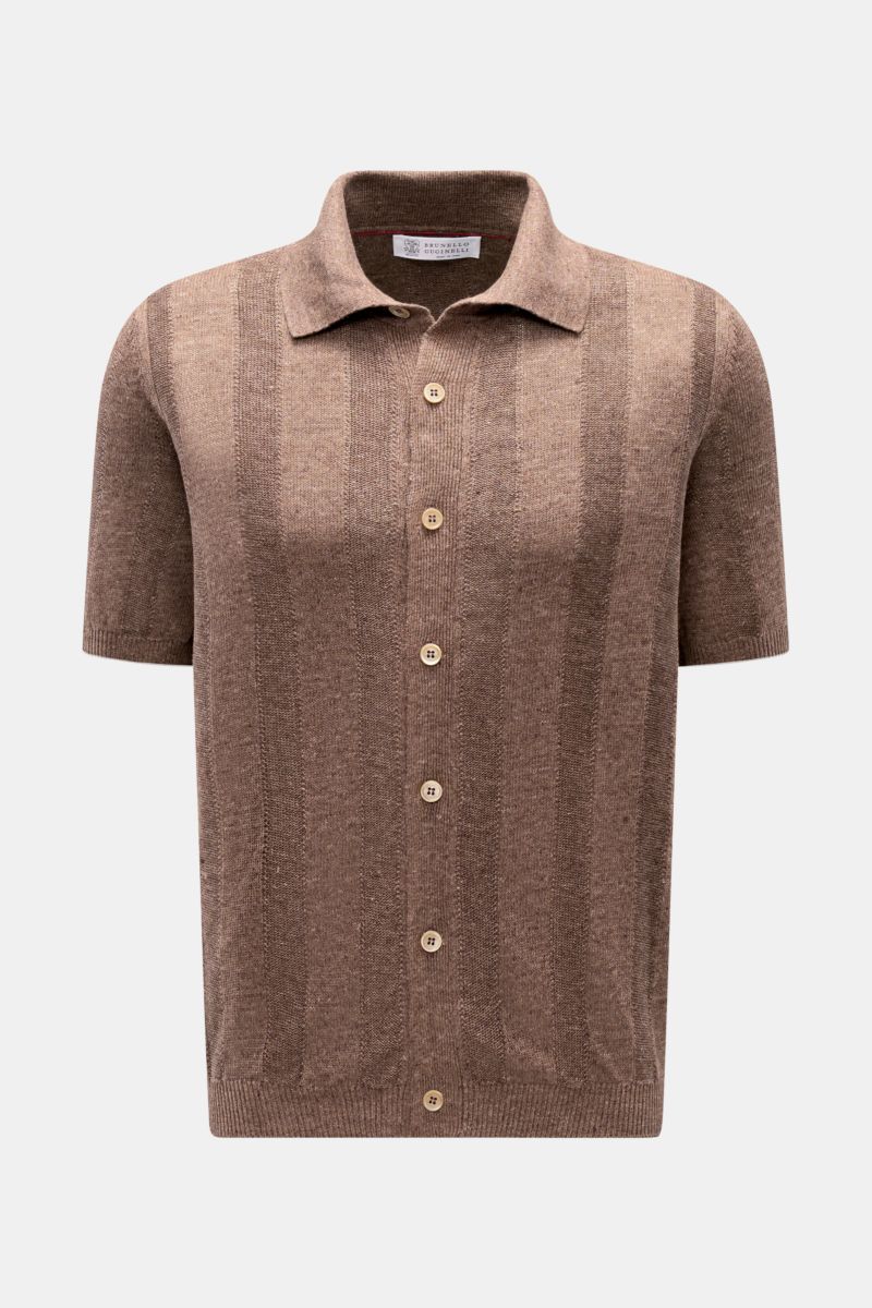 Brunello Cucinelli Kurzarm-Strickhemd graubraun meliert, mittelfeines Streifen-Strickmuster, Regular Fit, Knopfleiste, Umlegekragen, Frontperspektive.