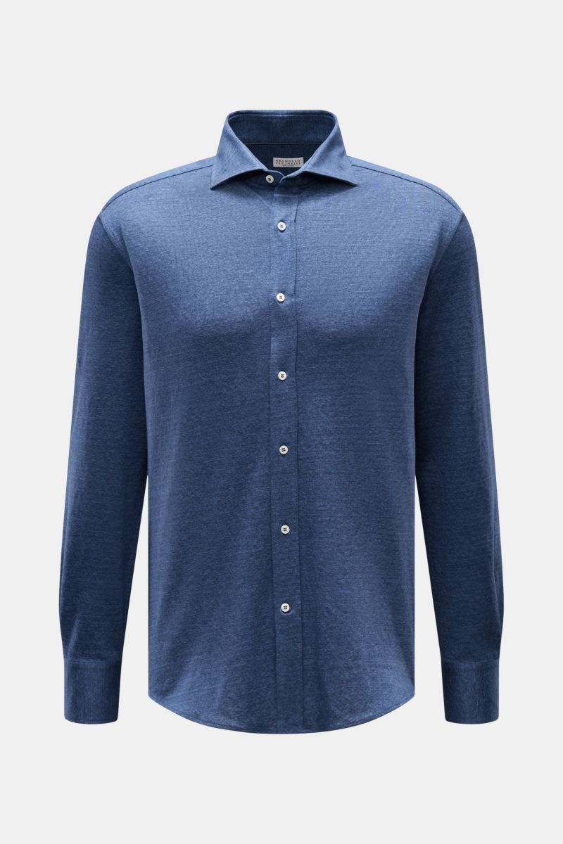 Brunello Cucinelli Jersey-Hemd Haifisch-Kragen dunkelblau meliert, frontale Ansicht, Leinen-Baumwoll-Mix, Regular Fit, weicher Griff, Knopfleiste, Sportmanschette.