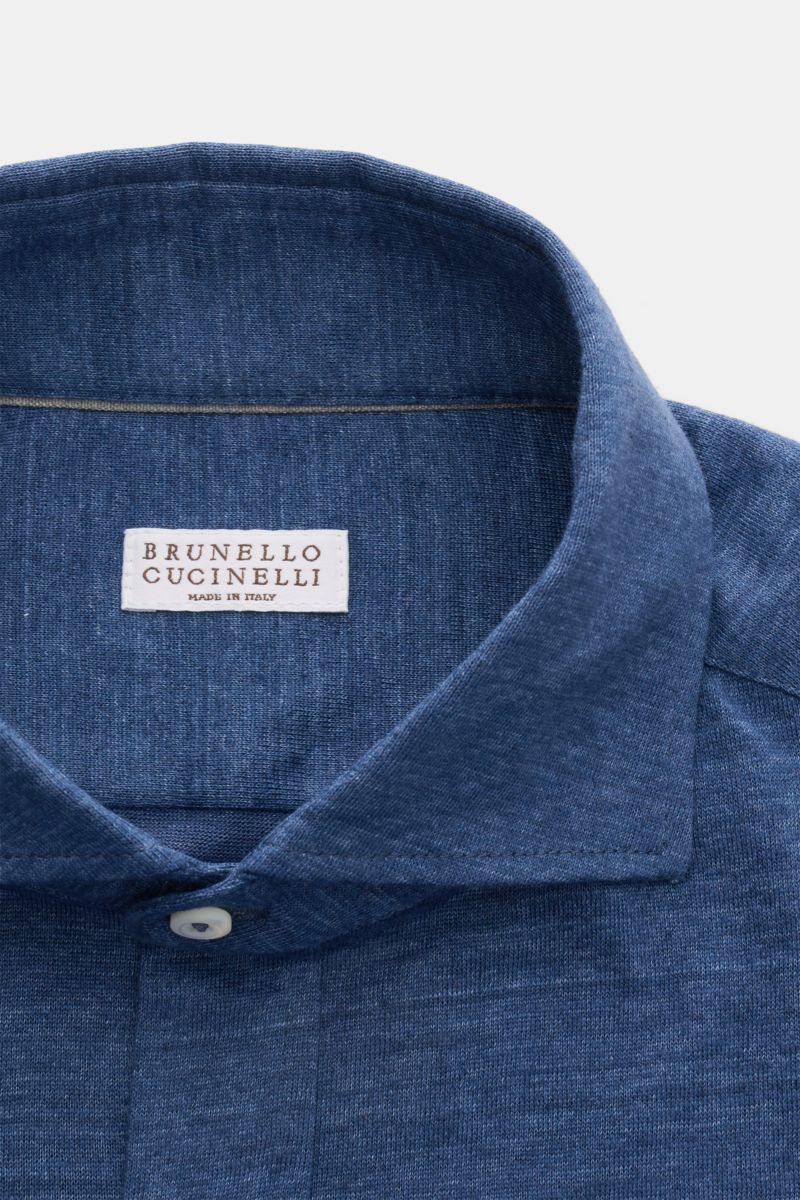 Brunello Cucinelli Jersey-Hemd Haifisch-Kragen dunkelblau meliert, Nahaufnahme von oben, weicher Griff, aufgesetzte Knopfleiste, Regular Fit.