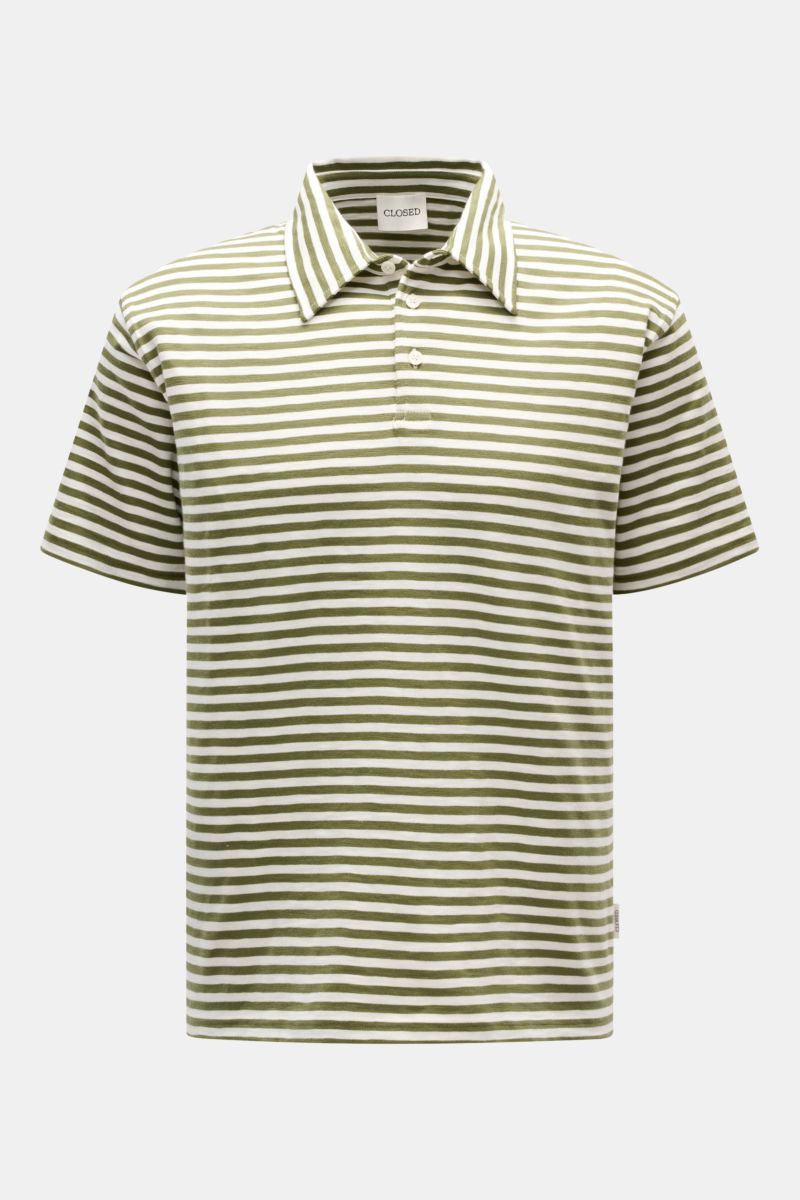 Front view of Closed Short sleeve knit polo green/cream striped with a slim fit, three-button placket, and signature collar in soft pure cotton.

This CLOSED short sleeve knit polo is made from pure, soft cotton and is a sporty essential for the new se