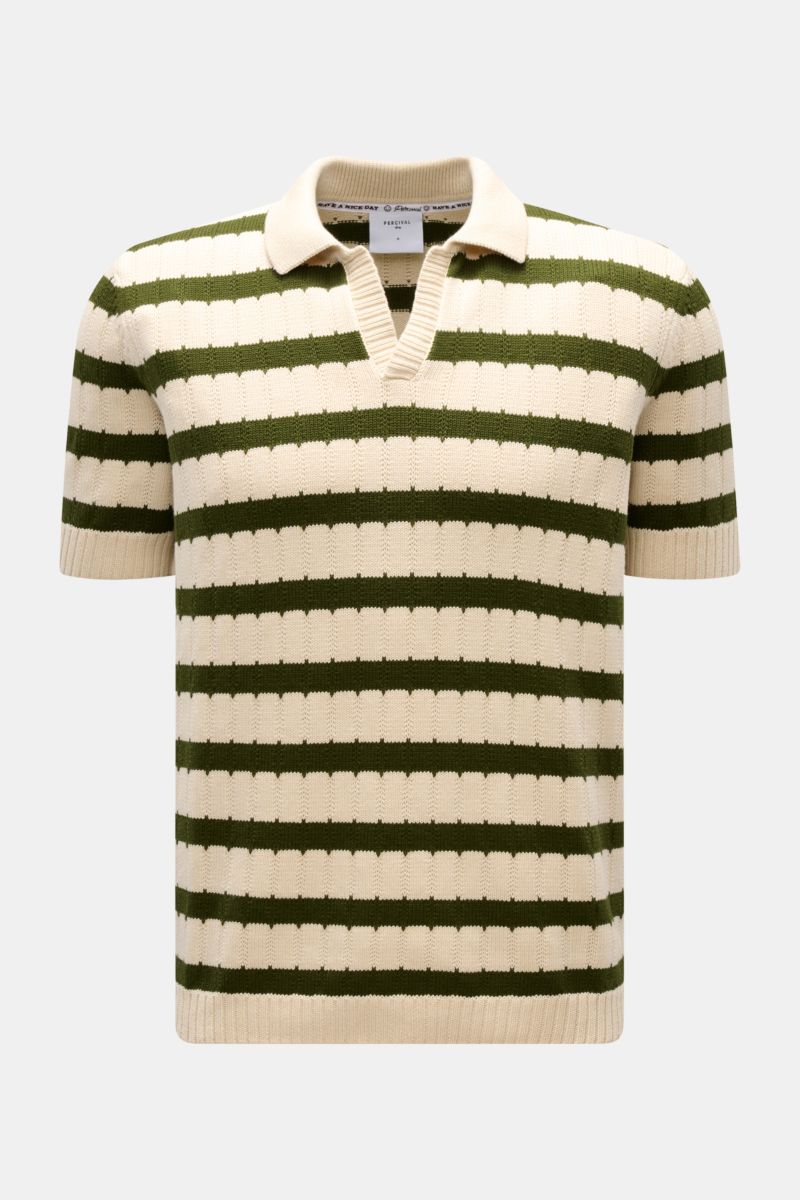 Percival Kurzarm-Strickpolo 'Stine' sand/dunkelgrün gestreift, frontal fotografiert, reine Baumwolle, weicher Griff, Regular Fit, klassischer Polokragen.