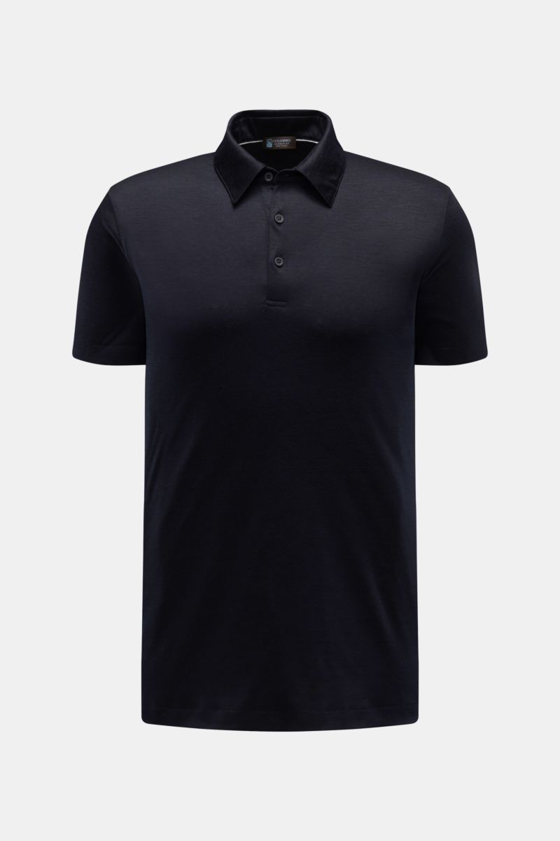 Colombo Cashmere Kurzarm-Strickpolo navy meliert, Slim Fit, feines Strickbild, klassischer Polokragen, reiner Cashmere, weicher Griff, frontal fotografiert.