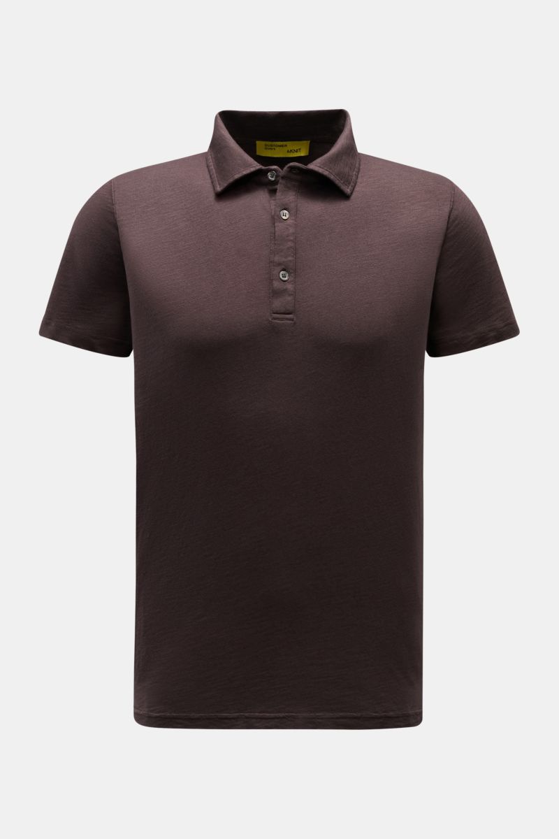 Front view of a B.F. Knitwear Jersey polo shirt dark brown with classic collar, slim fit, pure cotton, and soft feel. Uncomplicated classic: This jersey polo shirt by B.F. KNITWEAR is a versatile basic for the warmer months. Pure cotton, soft feel, slim f