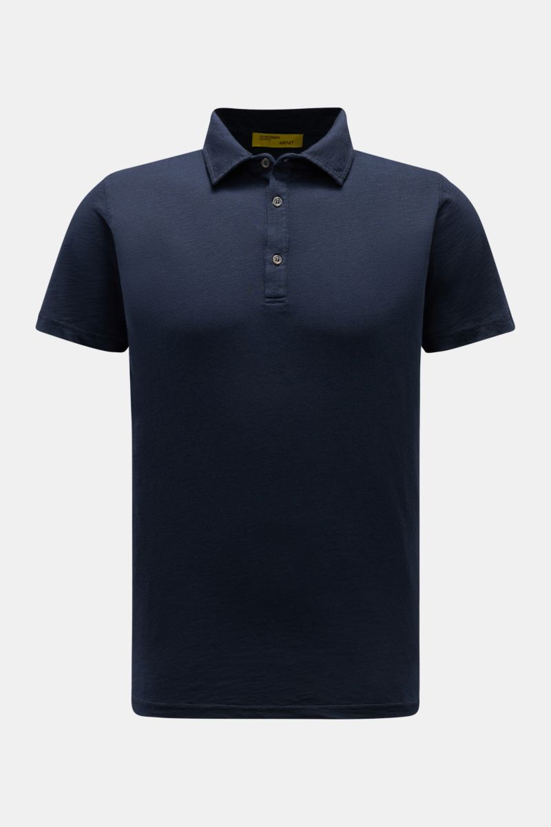 B.F. Knitwear Jersey polo shirt navy shown from the front, short sleeves, classic polo collar, slim fit, pure cotton with soft feel. Uncomplicated classic: This jersey polo shirt by B.F. KNITWEAR is a versatile basic for the warmer months. Features includ