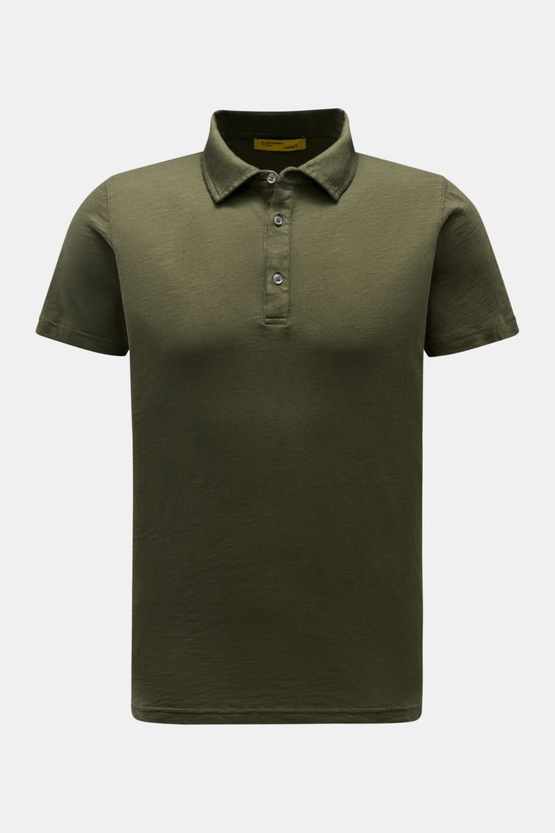 Front view of B.F. Knitwear Jersey polo shirt dark olive, a slim fit, pure cotton polo with a classic collar and soft feel. Uncomplicated classic: This jersey polo shirt by B.F. KNITWEAR is a versatile basic for the warmer months. Pure cotton, soft feel, 
