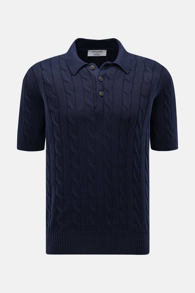 Front view of Gran Sasso Short sleeve knit polo shirt navy with classic cable knit pattern, short sleeves, and three-button collar.

Perfect for hot days: This short sleeve knit polo by GRAN SASSO in an exclusive design for BRAUN HAMBURG is made of com