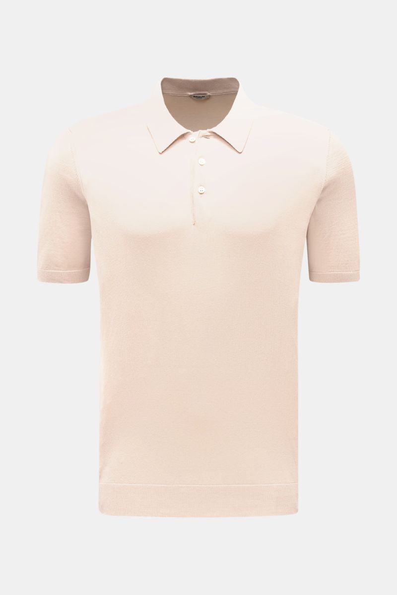 Front view of BRAUN Hamburg Short sleeve knit polo sand, a slim fit, fine cotton knit polo with soft feel, short sleeves, ribbed bands, signature collar, and three-button placket. Luxury you can feel on your skin: This short sleeve knit polo by BRAUN HAMB