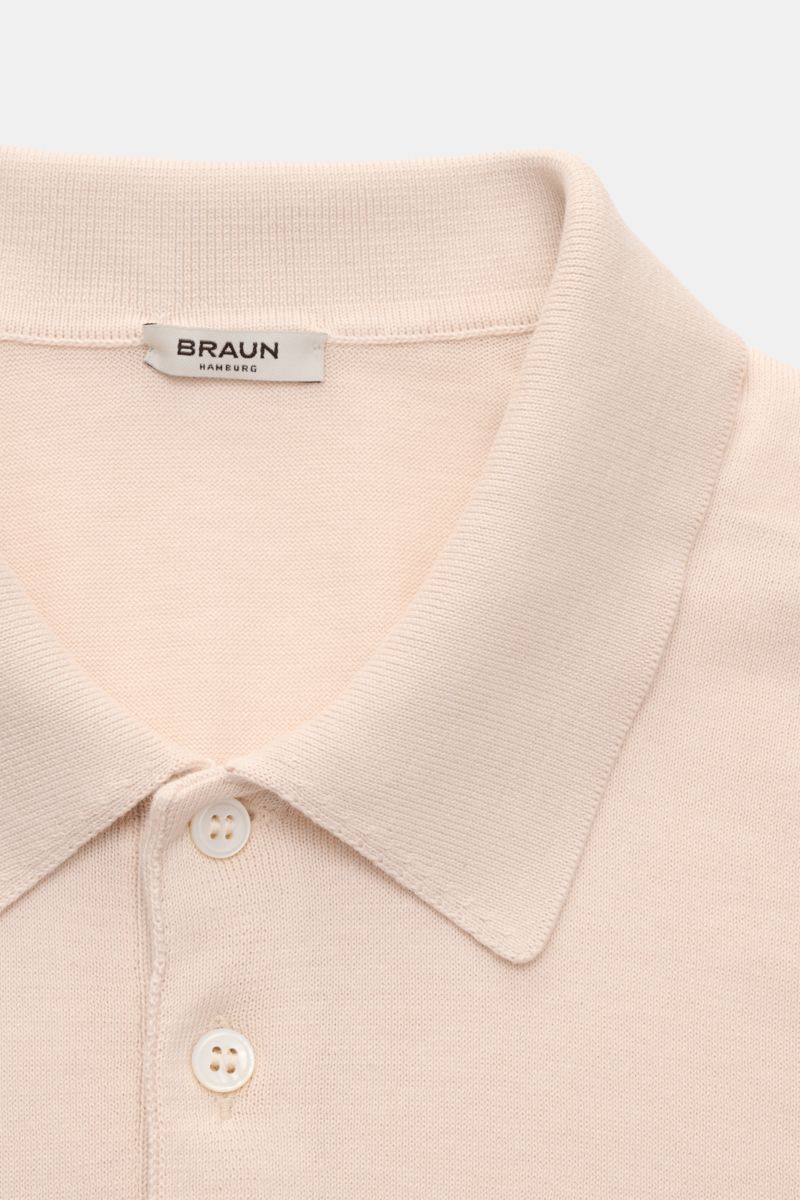 Close-up front view of the collar and two-button placket of the BRAUN Hamburg Short sleeve knit polo sand, featuring fine knit pure cotton, soft feel, slim fit, signature polo collar, smooth three-button placket, and comfortable ribbed bands. Luxury you c