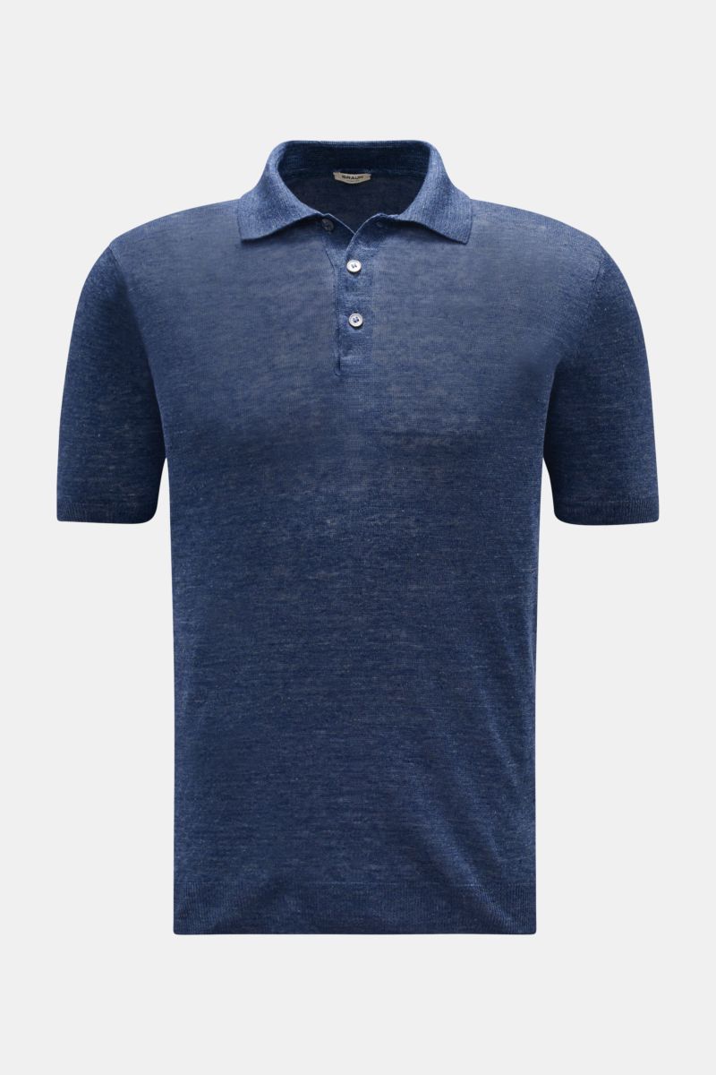 Gran Sasso Leinen Kurzarm-Strickpolo graublau, Slim Fit, reine Leinenstruktur, Polokragen, Drei-Knopf-Leiste, Rippbündchen, Frontansicht.