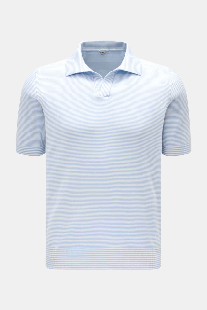 BRAUN Hamburg Short sleeve knit polo light blue/white striped shown from the front, nautical style with slim fit, soft pure cotton knit, fine stripes, open collar placket, ribbed bands, classic polo collar, timeless design. 

Nautical style gets a mode