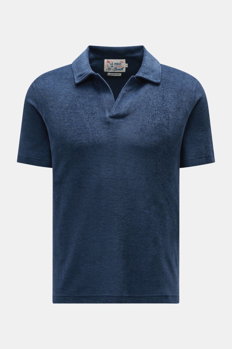MC2 Saint Barth Frottee-Poloshirt 'Jeremy' navy, slim fit, kurzarm, offener Polokragen, weicher Griff, Logo-Stitching am Ärmel, frontale Nahaufnahme.