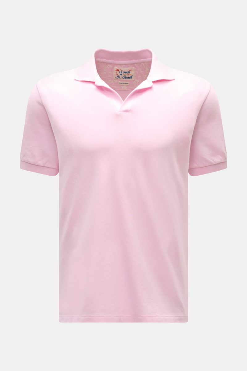 MC2 Saint Barth Poloshirt 'Charles' rosé, Frontansicht, halbarm, Slim Fit, elastischer Baumwoll-Piqué, offener Polokragen, weicher Griff, Logo-Stitching am Ärmel.