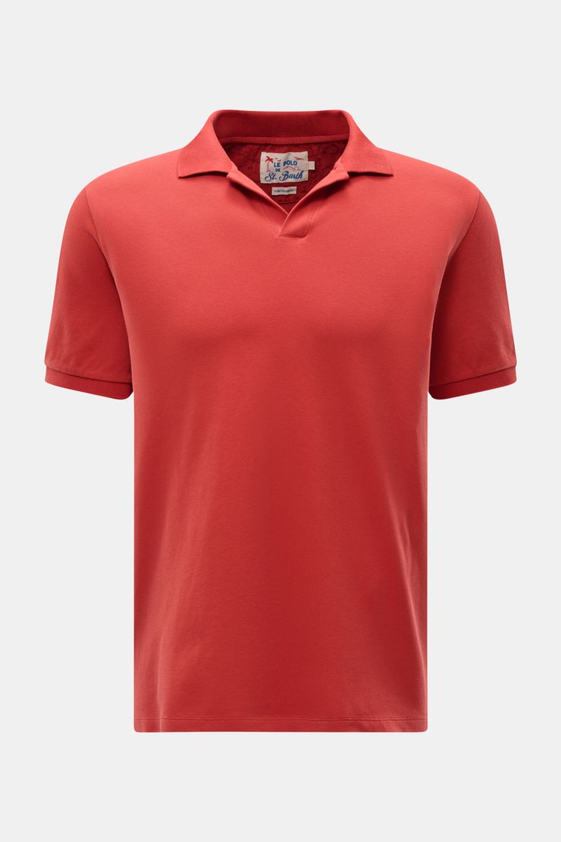 MC2 Saint Barth Poloshirt 'Charles' rot, elastisches Baumwoll-Piqué, Slim Fit, kurzer Saum, Rippbündchen, Kragen offen, Vorderansicht.