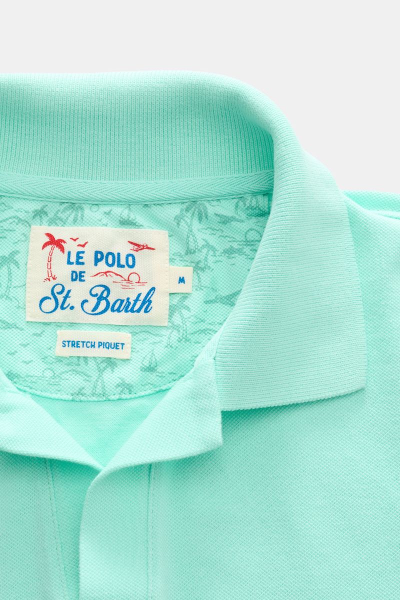 MC2 Saint Barth Poloshirt 'Charles' mintgrün shown from above, highlighting the mint green elastic cotton piqué collar with logo label inside collar.