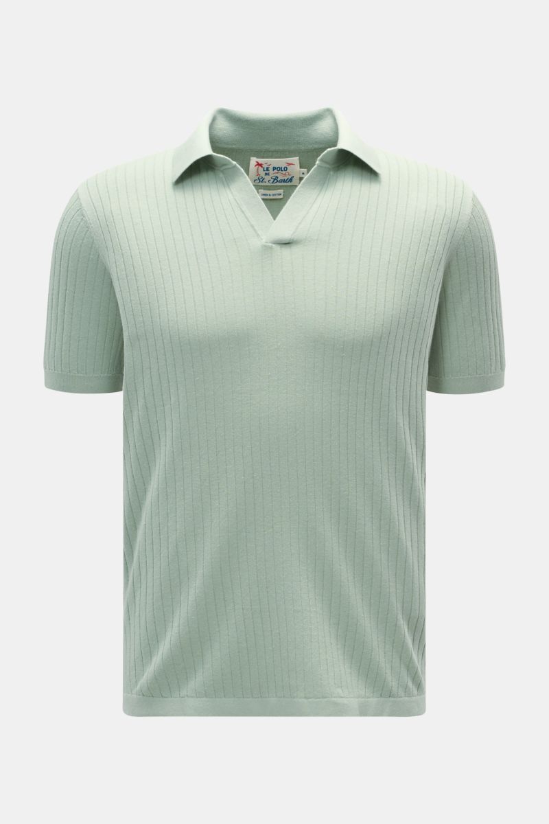 MC2 Saint Barth Short sleeve knit polo mint green shown from the front, slim fit with open collar, fine ribbed bands, short hem vents, linen and cotton blend.