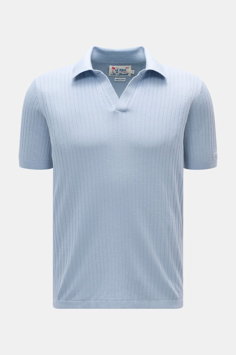 MC2 Saint Barth Short sleeve knit polo smoky blue shown front view, fine knit linen-cotton blend, slim fit, open collar, ribbed bands.