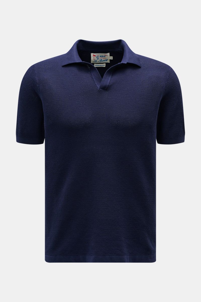 Front view of MC2 Saint Barth Short sleeve knit polo 'Sloan' navy in fine textured pure cotton with a slim fit and open collar. 

Light and summery: This knit polo shirt by 