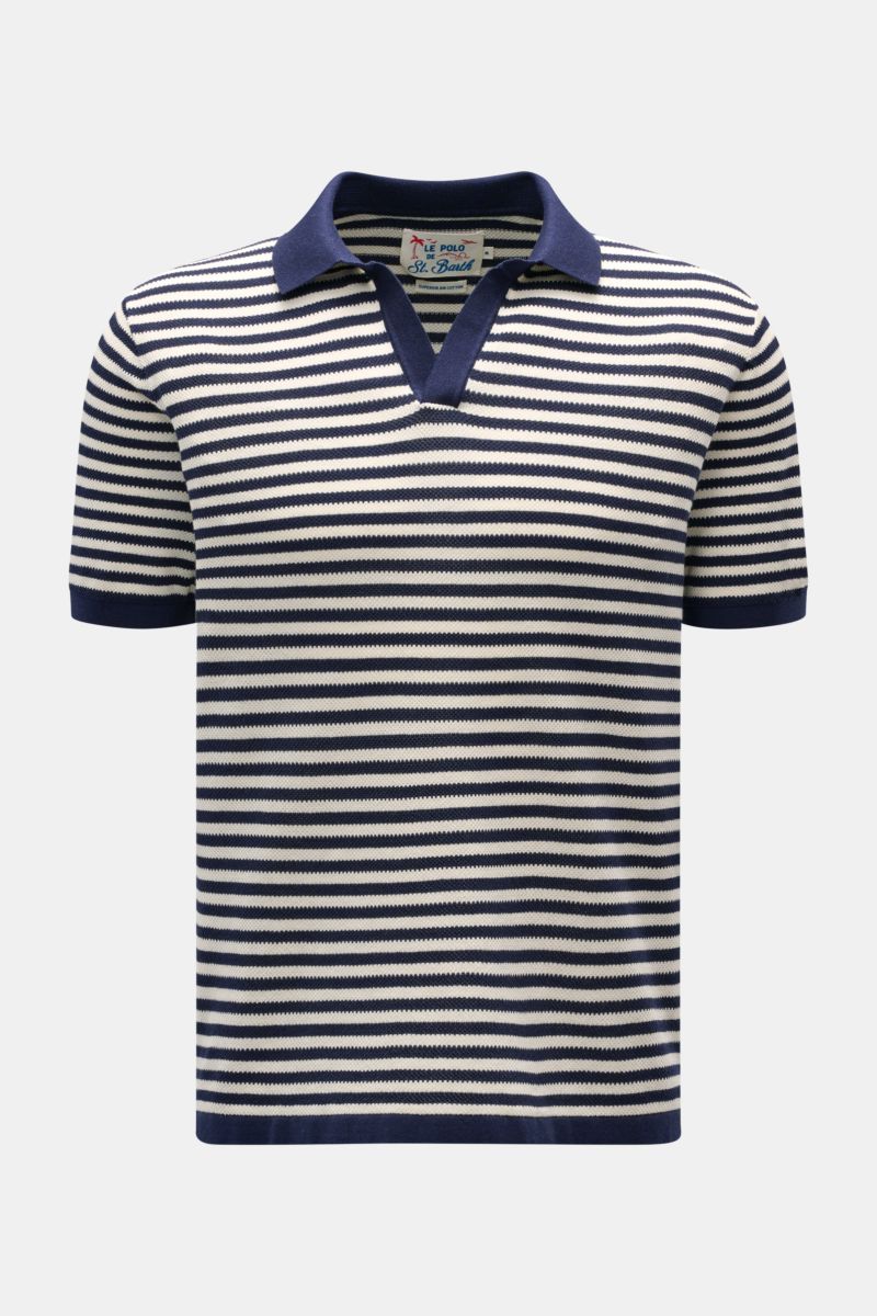 Front view of the MC2 Saint Barth Short sleeve knit polo 'Sloan' navy/cream striped, featuring a fine textured pure cotton knit with a slightly granular texture, slim fit, signature polo collar, open collar strip, tonal logo stitching on the sleeve, comfo