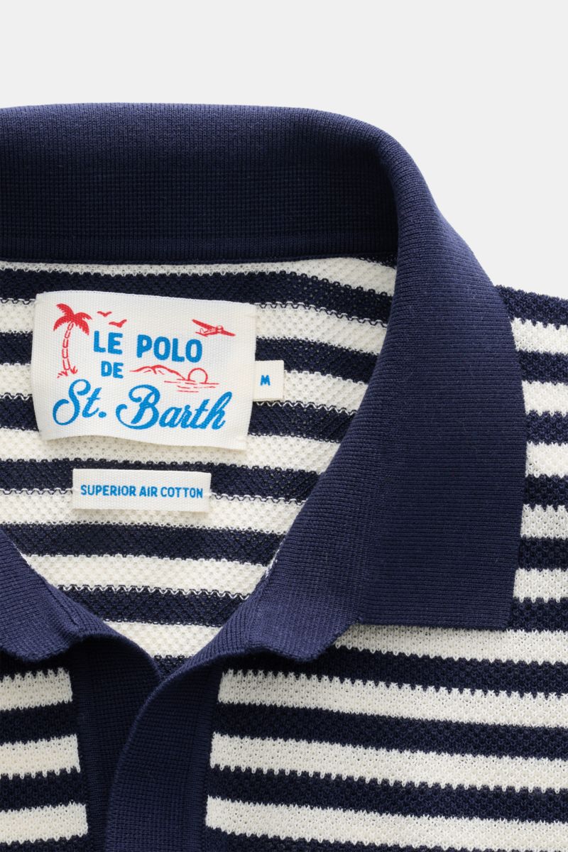 Close-up front view of the MC2 Saint Barth Short sleeve knit polo 'Sloan' navy/cream striped collar and label, showing fine textured cotton knit.

Light and summery: This knit polo shirt by 