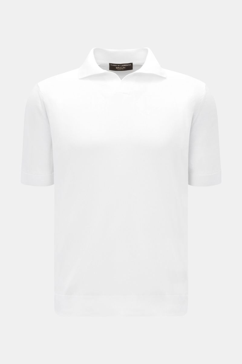 Front view of Filippo de Laurentiis Short sleeve knit polo shirt white, showcasing summery elegance with fine cotton knit, slim fit, signature collar, open collar placket, and ribbed bands for smart summer looks. Summery elegance at its most relaxed: T