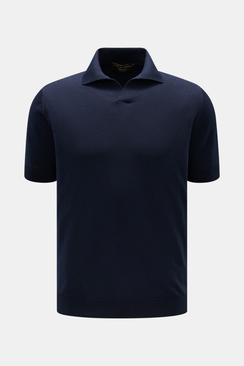 Filippo de Laurentiis Kurzarm-Strickpolo navy, frontal fotografiert, Slim Fit, Polokragen mit offener Kragenleiste, feiner Baumwollstrick, Rippbündchen.