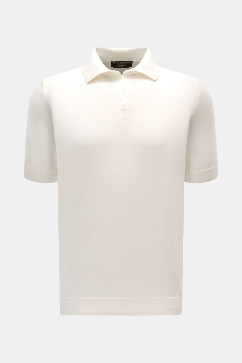 Front view of Filippo de Laurentiis Kurzarm-Strickpolo offwhite, a slim fit short-sleeve polo made of pure cotton with a soft touch, fine knit, tailored collar, smooth three-button placket, and fine ribbed cuffs. Ein perfektes Sommer-Basic: Das Kurzarm