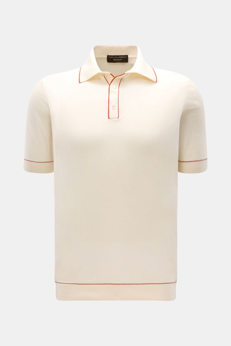 Filippo de Laurentiis Kurzarm-Strickpolo creme, Slim Fit, feine Rippbündchen, Drei-Knopf-Leiste, aus leichter Baumwolle, Frontansicht.