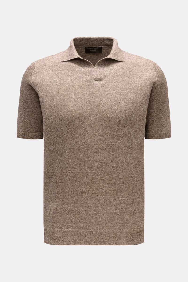 Filippo de Laurentiis Kurzarm-Strickpolo 'Skipper' braun/creme meliert, Slim Fit, aus Leinen-Baumwoll-Mix, feines Strickbild, weicher Griff, von vorne.