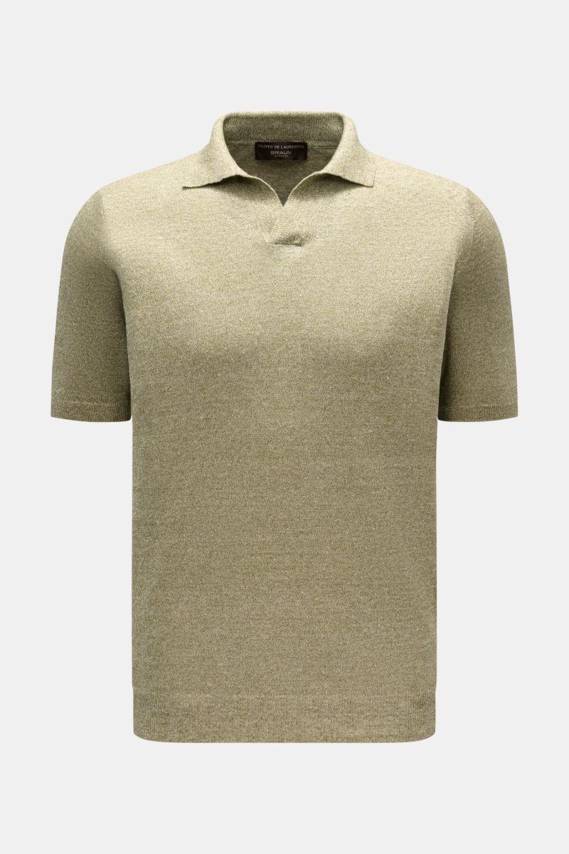 Filippo de Laurentiis Kurzarm-Strickpolo „Skipper“ grün/creme meliert, Slim Fit, Leinen-Baumwoll-Mix, weicher Griff, klassischer Polokragen, offene Kragenleiste, Rippbündchen, frontale Ansicht.